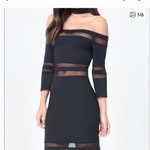 BEBE Elegant Off-Shoulder Dress with Chocker in White. Size Medium